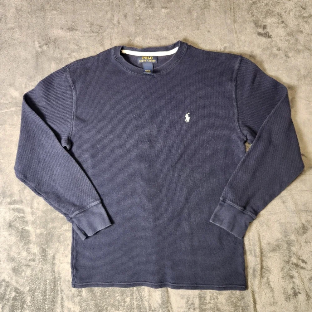 Polo Ralph Lauren Mens Navy Blue Waffle Knit Thermal Long Sleeve Shirt Medium